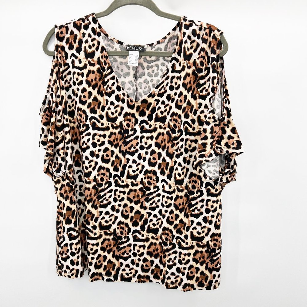 Venus Cold Shoulder V-Neck Short Sleeve Leopard Blouse XL